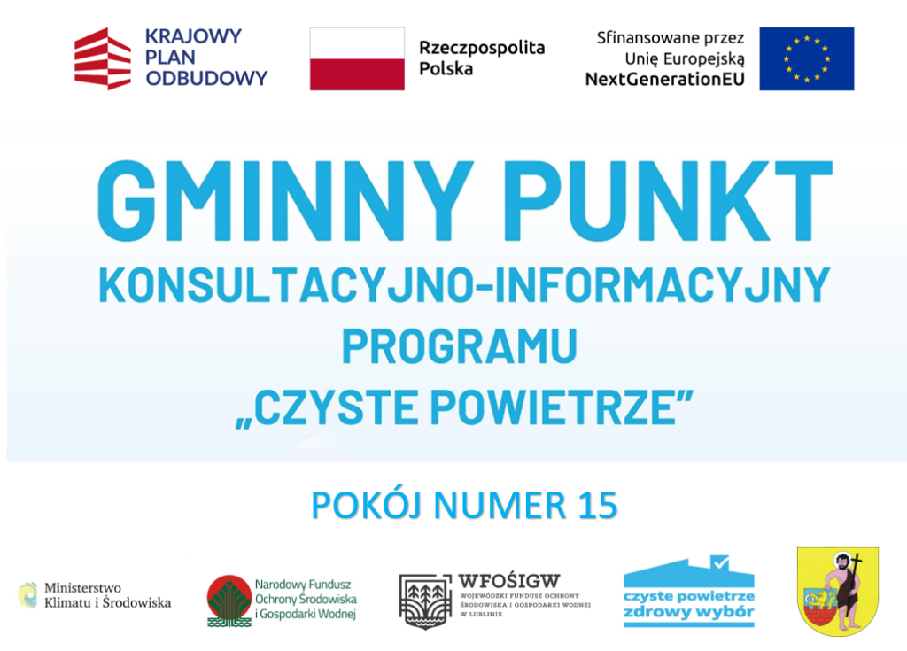 Baner - Gminny punkt konsultacyjno-informacyjny programu "Czyste powietrze" codziennie pok. nr 15 w godzinach pracy urzędu, tj. od 7.00 do 15.00.