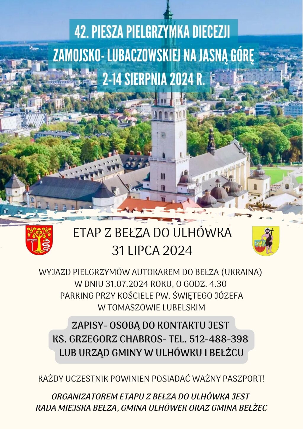 Plakat 42 piesza pielgrzymka diecezji zamojsko-lubaczowskiej na Jasną Górę 2-14 sierpnia 2024r.
